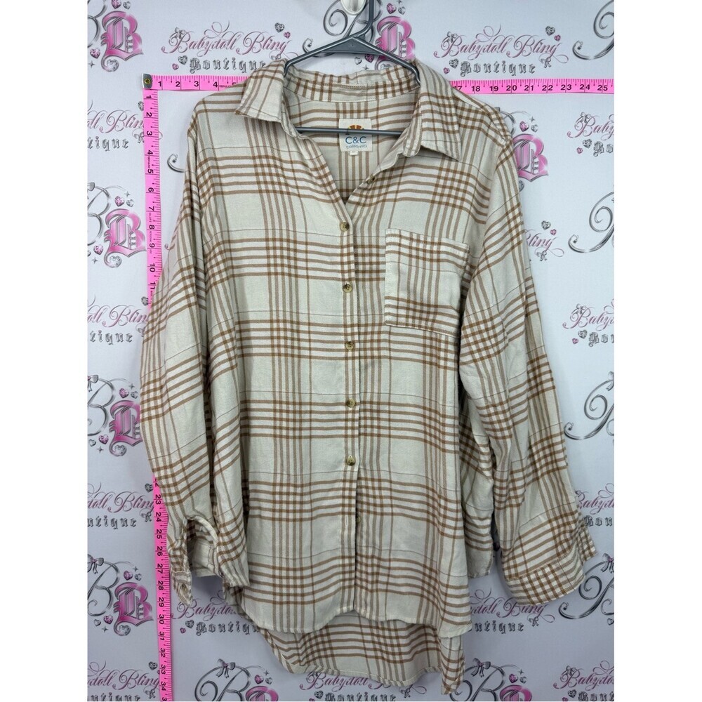 C&C California Cream and Tan Plaid Button-Down Shirt